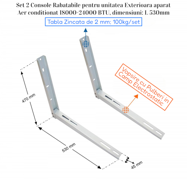 Console metalice rabatabile tabla 2.0mm 18000-24000BTU L530mm (albi)