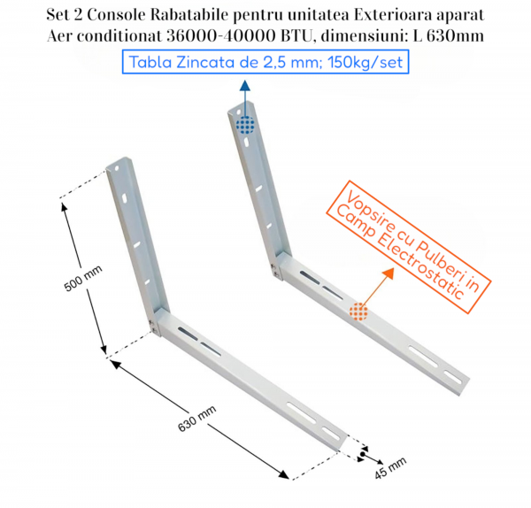 Console metalice rabatabile tabla 2.5mm 36000-60000BTU L630mm (albi)