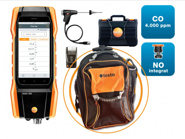 Set 1 testo 300 NEXT LEVEL - Analizor de gaze de ardere cu senzori de O2, CO până la 4,000 ppm și NO