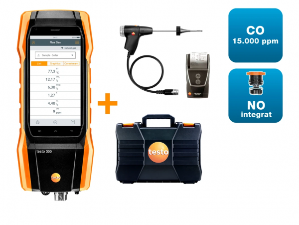 Set 2 testo 300 NEXT LEVEL - Analizor de gaze de ardere cu senzor de O₂, CO până la 15,000 ppm și NO