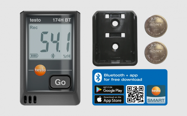 testo 174 H BT - Mini înregistrator de date pentru temperatură și umiditate cu Bluetooth® și conexiune la aplicație (negru)