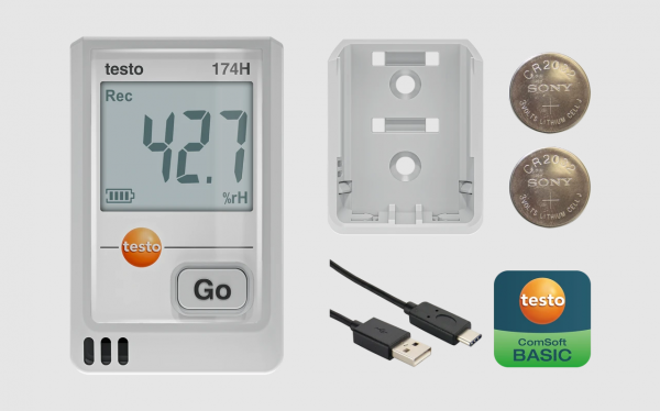 testo 174 H - Mini înregistrator de date pentru temperatură și umiditate cu USB-C și software pentru PC (alb)