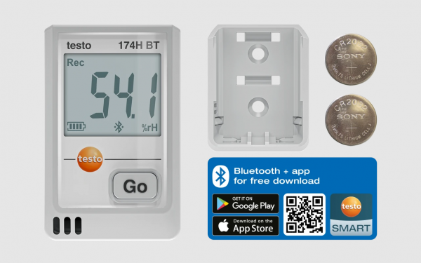 testo 174 H BT - Mini înregistrator de date pentru temperatură și umiditate cu Bluetooth® și conexiune la aplicație (alb)