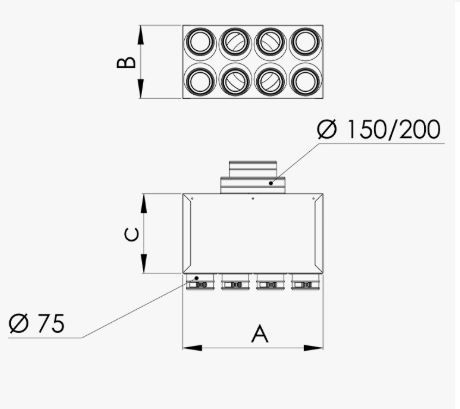 Plenum din tabla metalica fonoizolat cu 4 iesiri Ø 75  conectori 150/200 