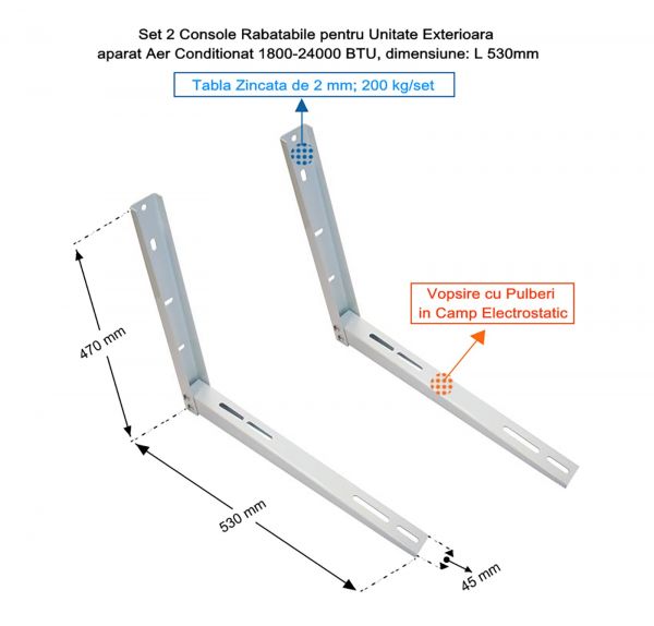 Console metalice rabatabile tabla 2.0mm 18000-24000BTU L530mm (albi)